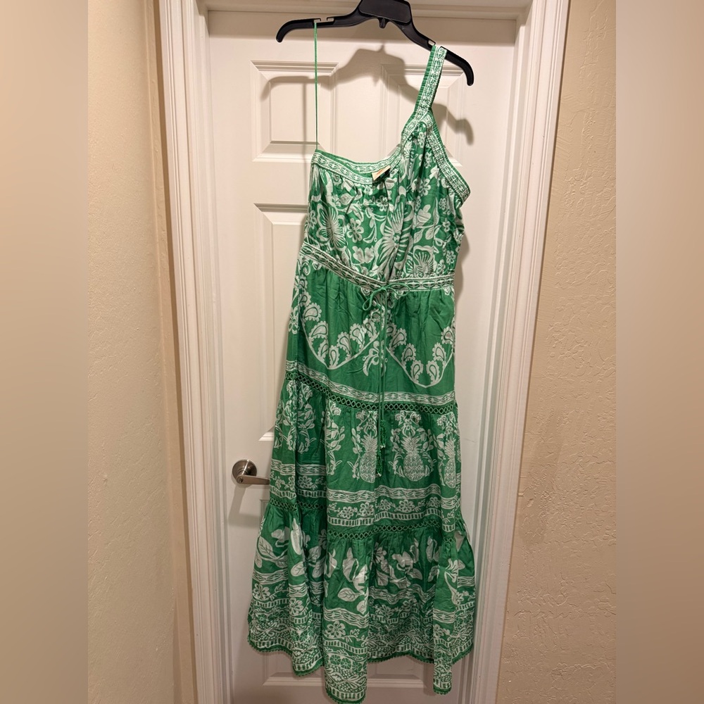 🔥NEW FARM Rio Green White Tropical Floral One-Shoulder Maxi Cotton Dress pockets